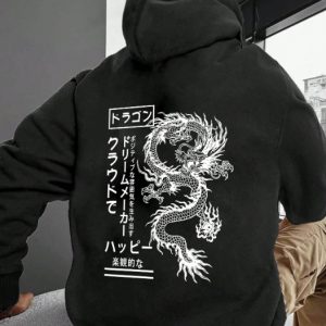 Japon Stil Ejderha Baskılı Siyah Kapşonlu Fermuarlı Sweatshirt